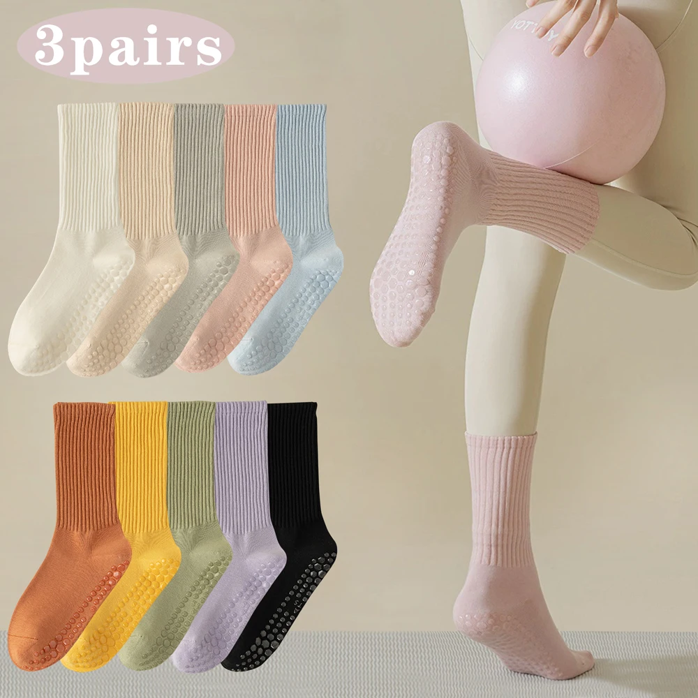 Medias Para Pilates Y Yoga - ถุงเท้าโยคะผ้าฝ้ายกันลื่น 3 คู่ ความยาวปานกลาง สีพื้น สำหรับออกกำลังกาย