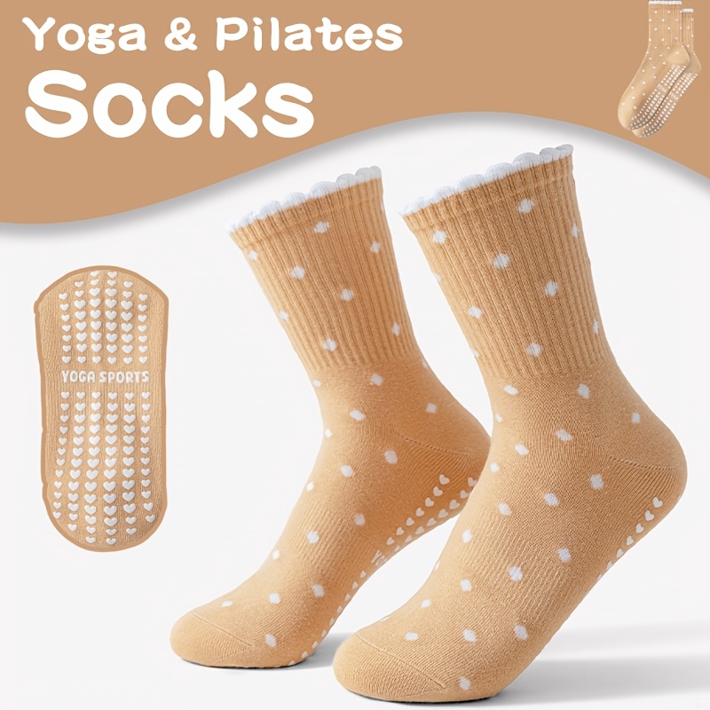 Medias Para Pilates Y Yoga - ถุงเท้าโยคะสีน้ำตาลสำหรับผู้หญิง ลายจุดสีขาว กันลื่น ทนทาน นุ่มสบาย ระบายอากาศได้ดี